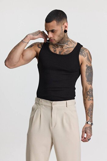 İLKCET MODA Premium Ribbed Slim Fit Black Stretchy Men's Sports Tank Top