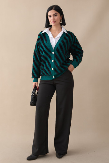 InStyle Emerald Green Short Knitwear Cardigan - Feather Stripe Detailed