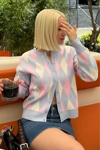 Madmext Blue Diamond Patterned Crew Neck Women's Cardigan Mg2496