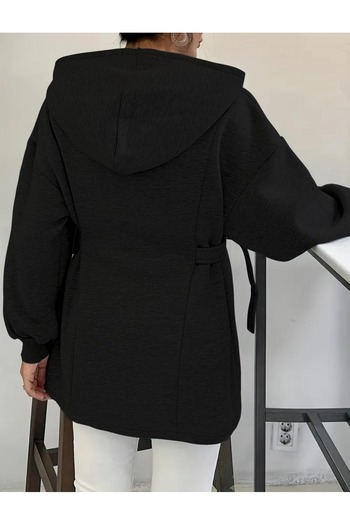 caddekombin Women's Hooded Special Design Belted Black Sweatshirt