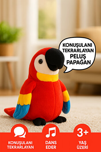 hak-iş oyuncak Dans Eden 25 Cm Kırmızı Renkli Peluş Papağan Oyuncak - Müzikli , Konuşmaları Tekrar Eden