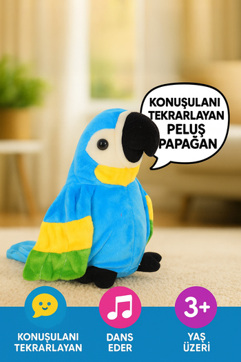 hak-iş oyuncak Dans Eden 25 Cm Mavi Renkli Peluş Papağan Oyuncak - Müzikli , Konuşmaları Tekrar Eden