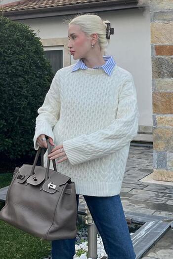 Madmext Ecru Crew Neck Knitted Knitwear Sweater Mg2262