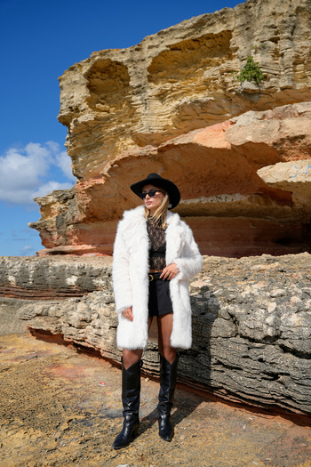 ASEDE Soft Textured Lined Knee Length Midi Premium Fur Coat with Pockets