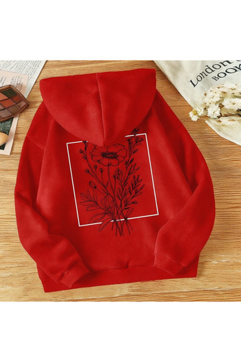 CLASSY.MODA Women's Hooded Kangaroo Pocket Oversized Sweatshirt with Floral Pattern on the Back, Printed, Comfortable, Casual