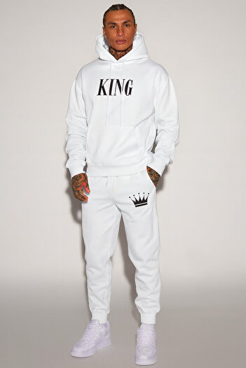 CLASSY.MODA Σετ φόρμας Unisex με 3 κλωστές, κουκούλα, τσέπες καγκουρό, στάμπα KING και λεπτομέρεια κορώνας