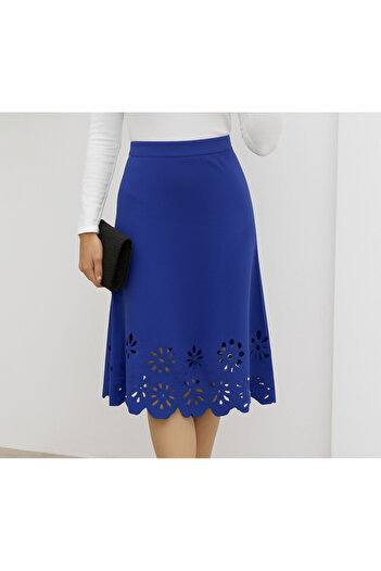 TUA MODA Tua Moda Women's High Waist Laser Cut Detailed Midi Imported Crepe Skirt