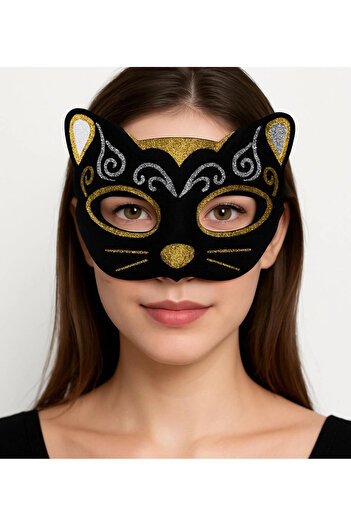 TTT Velvet Textured Glitter Cat Mask with Gold Silver Detail