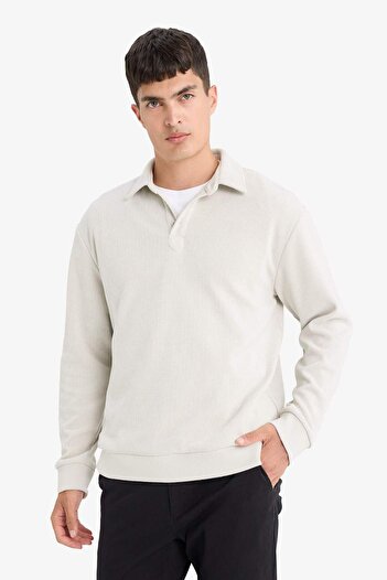 DeFacto Regular Fit Polo Yaka Yarım Fermuarlı Fitilli Kadife Sweatshirt E9410AX25AU