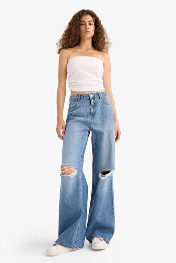 DeFacto Pantaloni lungi din denim cu talie înaltă, cu picioare largi, cu detaliu rupt, lavabili E9114AX25AU