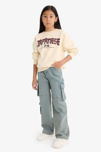 DeFacto Girl's Relax Fit Crew Neck Printed Soft Fleece Sweatshirt E6779A825Wn
