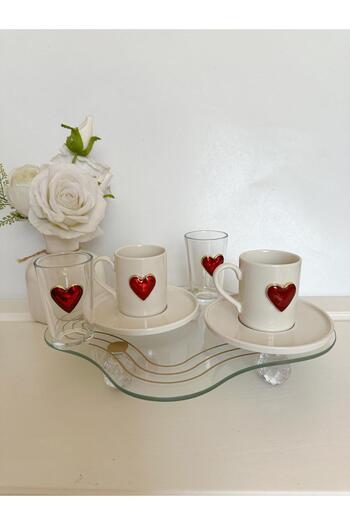 WERONY Two Person Coffee Cup Set with Heart Shape, 6 Pieces, 2 Cup Set, 2 Coffee or Water Glasses