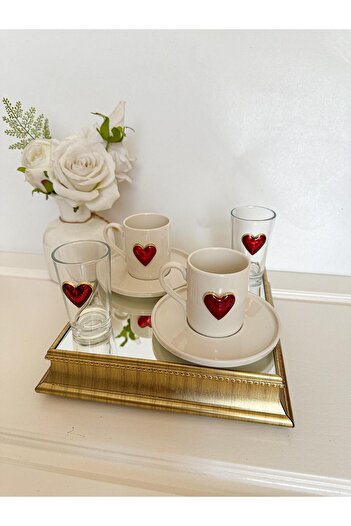 WERONY Two Person Coffee Cup Set with Heart Shape, 6 Pieces, 2 Cup Set, 2 Coffee or Water Glasses