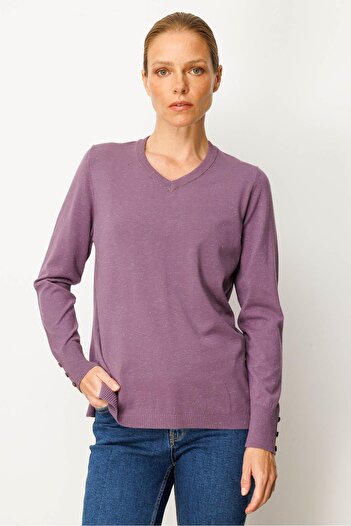 Desen Triko Women's V-Neck Sleeves Buttoned Glitter Blouse Purple