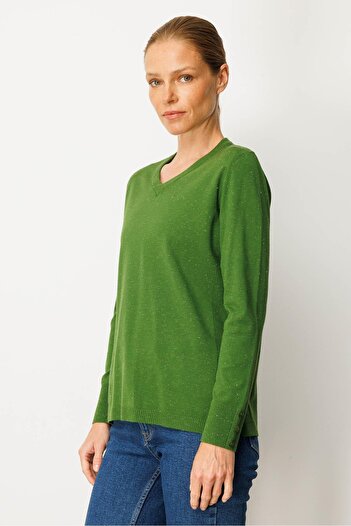 Desen Triko Women's V-Neck Buttoned Sleeves Glitter Blouse K.Yosun