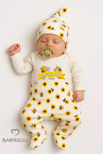 BABYDEN'S Xala's Honey 3-Piece Baby Set – Long Sleeve Checkered Bodysuit, Bee Patterned Pants, and Hat