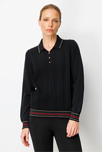 Desen Triko Women's Polo Neck Glitter Striped Wool Blouse Black