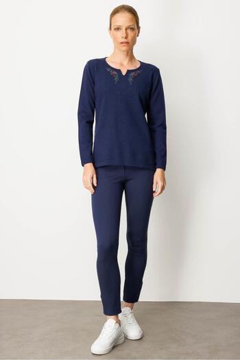Desen Triko Women's Crew Neck Embroidered Edge Wool Blouse Y.A Navy Blue