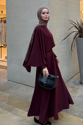 Birgül Bektaş Burgundy Cape Detailed Dress