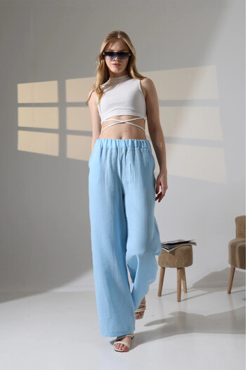 hazelin Women's Blue Elastic Waist Muslin Fabric Wide Leg Pants Hzl25S-Dsb12221