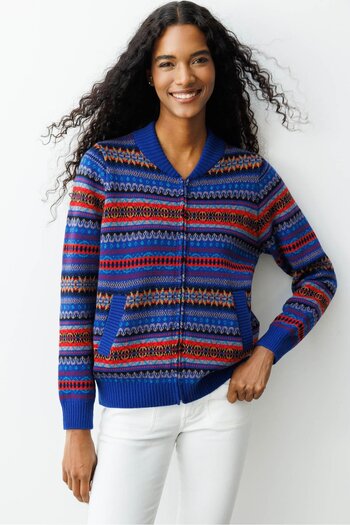 Desen Triko Women's Judge Collar Jacquard Wool Cardigan Dark Blue