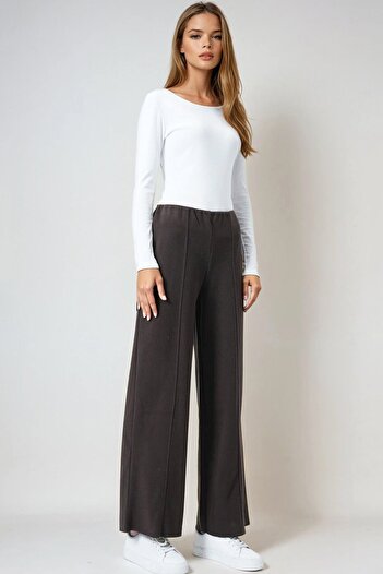 VAGGON Women's Brown Elastic Waist Pocketless Palazzo Trousers Vs01027
