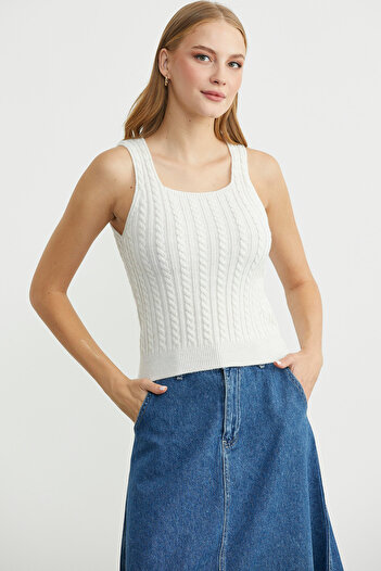 Sementa Hair Braid Square Neck Knitwear Tank Top - Bone