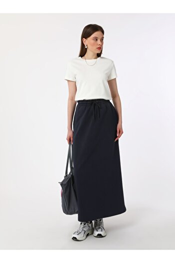 Benin Long Skirt with Elastic Waist and Tie Detail - Navy Blue -
