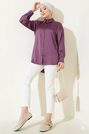 hazelin Women's Lilac Satin Surface Hijab Shirt Hzl25W-Bd139641