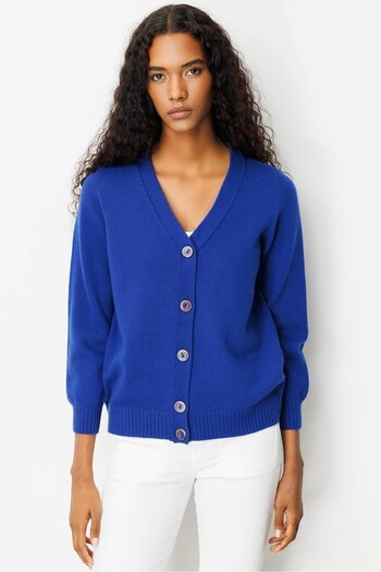 Desen Triko Women's V-Neck Short Wool Cardigan Dark Blue