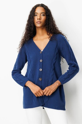 Desen Triko Women's V-Neck Hair Braided Long Wool Cardigan Indigo