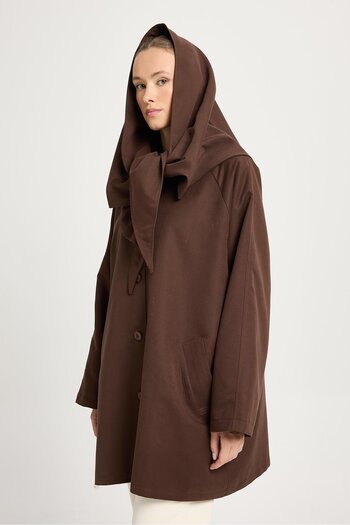 minaaise Women's Brown Oversize Detachable Collar Lined Design Trench Coat 30009