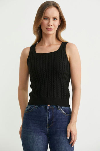 Sementa Hair Braid Square Neck Knitwear Tank Top - Black