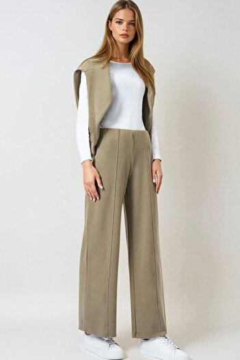 VAGGON Women's Khaki Elastic Waist Pocketless Palazzo Pants Vs01027