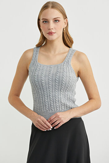 Sementa Hair Braid Square Neck Knitwear Tank Top - Light Gray
