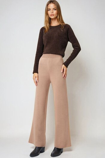 VAGGON Women's Biscuit High Waist Elastic Waist Knitwear Palazzo Pants Vs00973