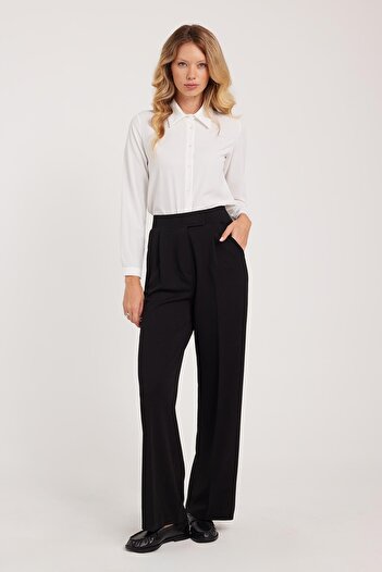 Tudors Women's Regular Fit Classic Cut Velcro Closure Wide Leg Black Trousers