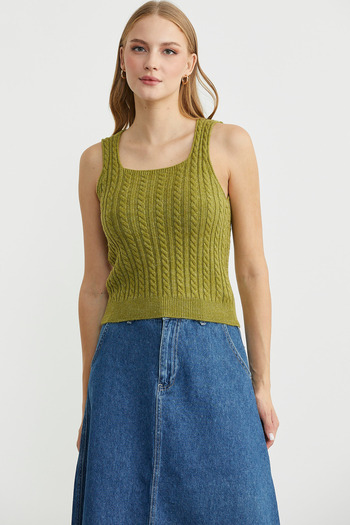 Sementa Hair Braid Square Neck Knitwear Tank Top - Green