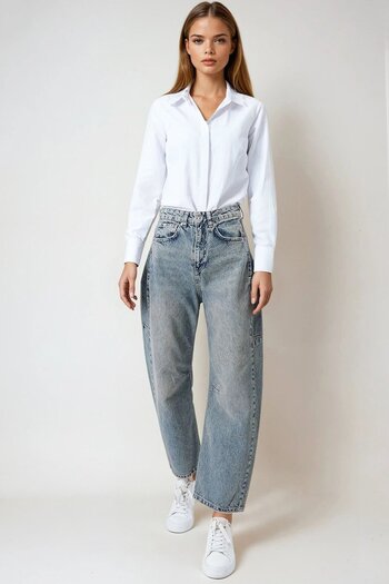 VAGGON Women's Green Tinted Blue 5-Pocket Stitching Detailed Wide Leg Jeans Vs01018