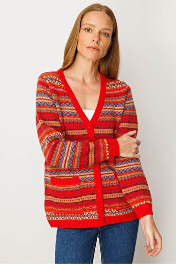 Desen Triko Women's V-Neck Jacquard Wool Cardigan Coral