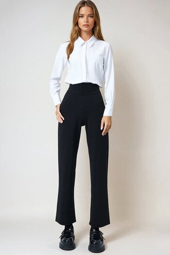 VAGGON Women's Black Wide Belted Double Pocket Palazzo Trousers Vs01028