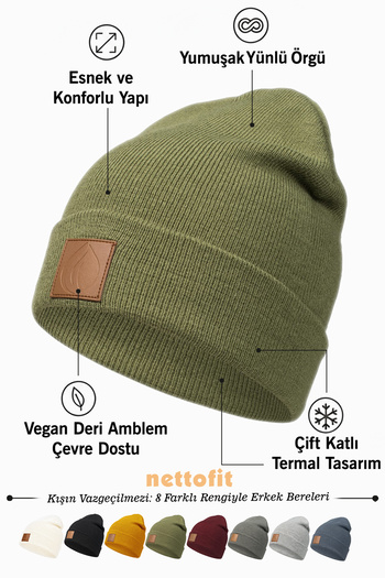 nettofit Men's Winter Leather Label Detailed Khaki Wool Beret