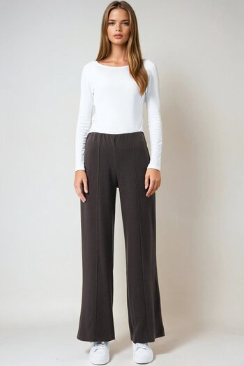 VAGGON Women's Brown Elastic Waist Pocketless Palazzo Trousers Vs01027