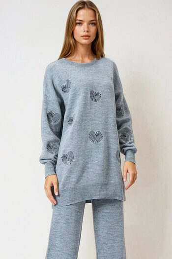 VAGGON Women's Gray Heart Patterned Knitwear Sweater and Straight-Leg Pants Set Vs00971
