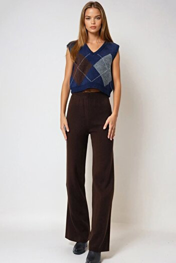 VAGGON Women's Bitter Brown High Waist Elastic Waist Knitwear Palazzo Pants Vs00973
