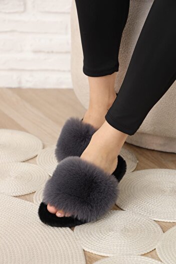 ALTUNTAŞ Indoor Plush Furry Open-Front Eva Sole Gift Slippers Smoked