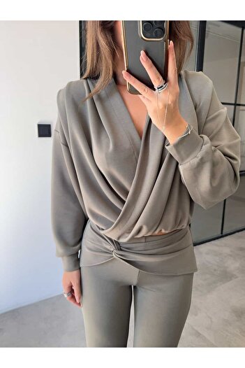 BB Bensu Buyruk DÜĞÜMLÜ PANTOLON KRUVAZE SWEAT HAKİ MODAL TAKIM