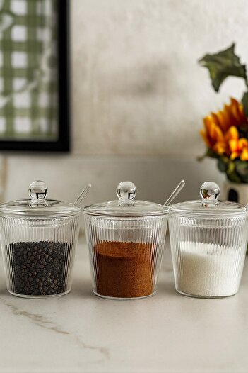 Qerhome Set of 3 Borosilicate Glass Optical Striped Spice Jars