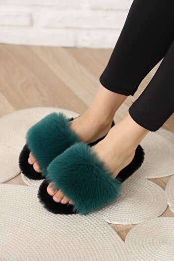 ALTUNTAŞ Indoor Plush Furry Open-Front Eva Sole Gift Slippers Petrol