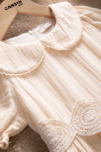 Cansın Mini Cream Lace Embroidered Belted Girls' Muslin Dress 22659